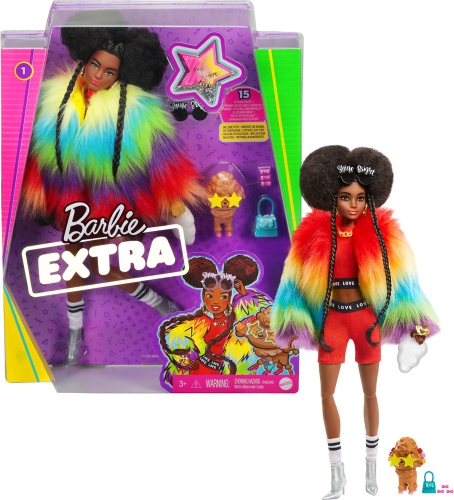 Mattel - Barbie Extra Doll in Rainbow Coat with P..